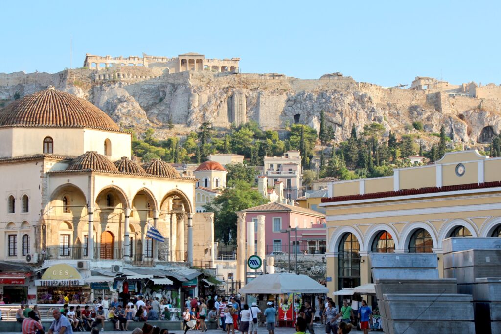 One of the best things to do in Athens is to go shopping on Ermo Street, this shows one of the neighbourhoods the street leads to.